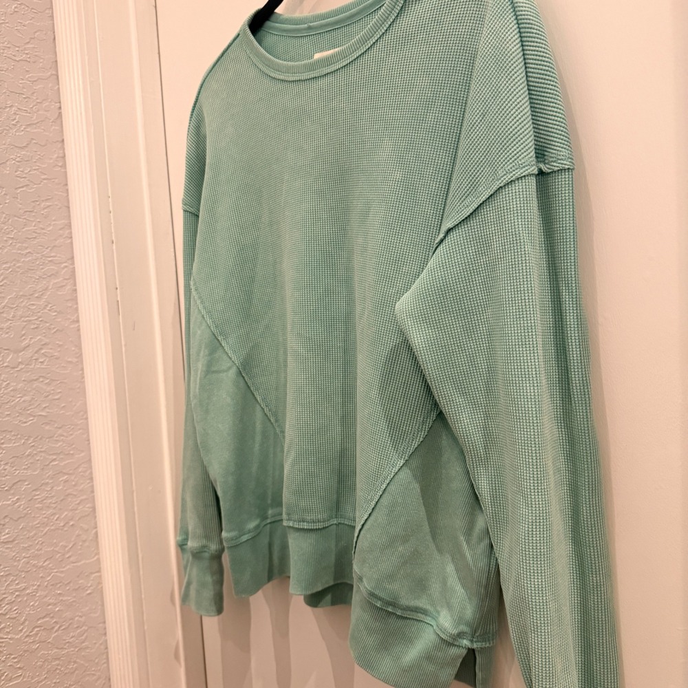 Seven7 Waffle Knit Thermal Top Size Medium Mint Green Paneled Loungewear - Picture 2 of 5